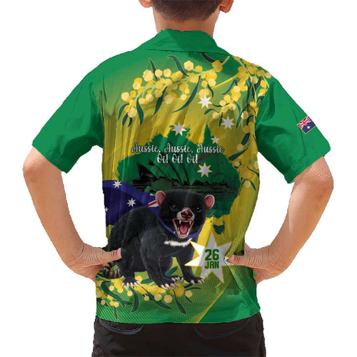 Tasimania Devil Australia Day Kid Hawaiian Shirt Aussie Aussie Aussie Oi! Oi! Oi! - Green
