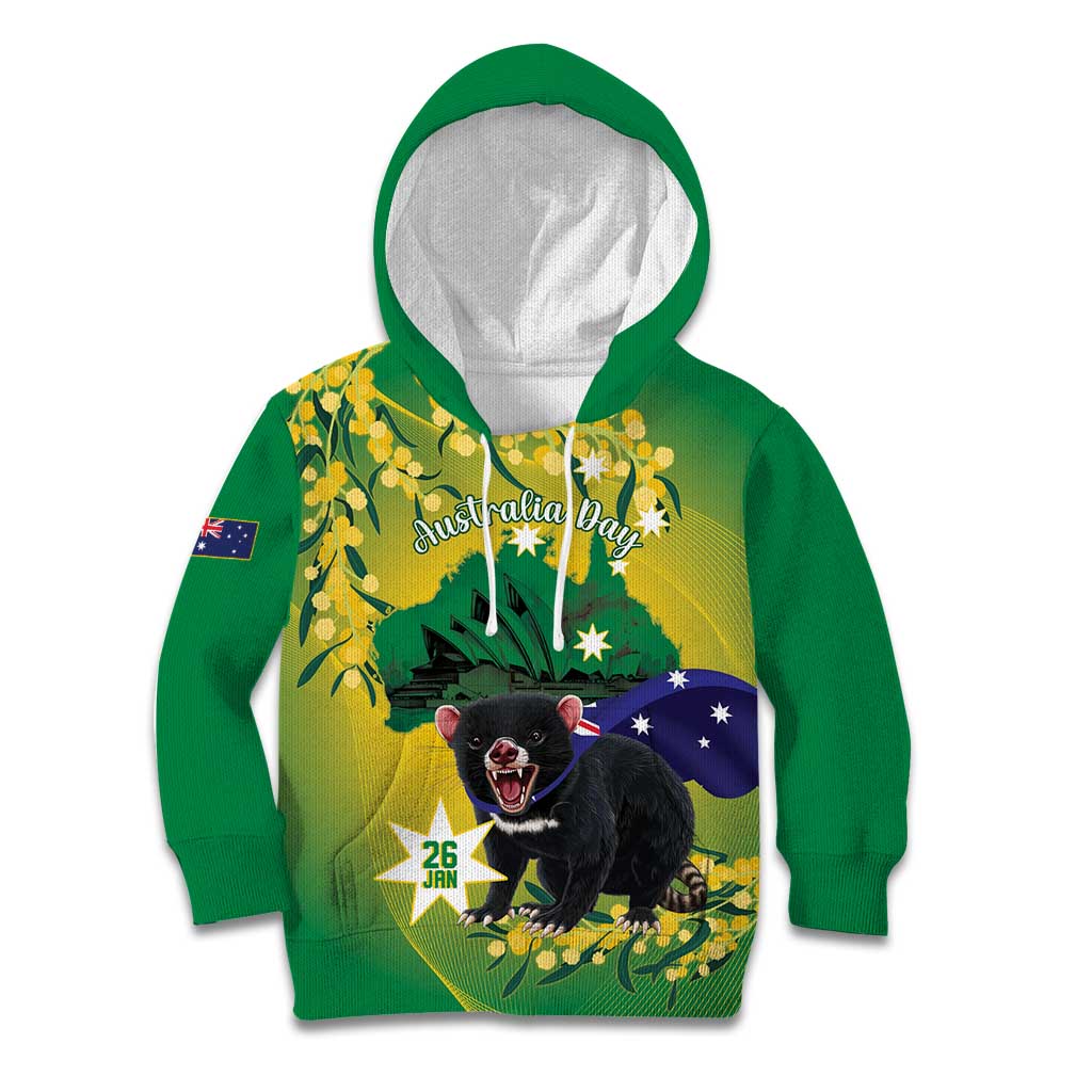 Tasimania Devil Australia Day Kid Hoodie Aussie Aussie Aussie Oi! Oi! Oi! - Green