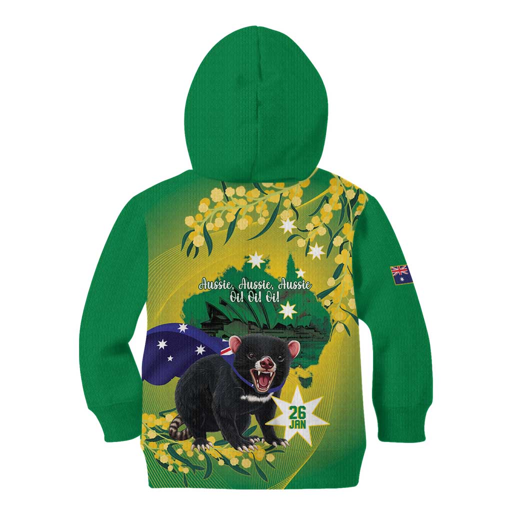 Tasimania Devil Australia Day Kid Hoodie Aussie Aussie Aussie Oi! Oi! Oi! - Green