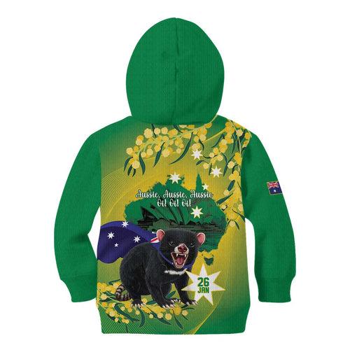 Tasimania Devil Australia Day Kid Hoodie Aussie Aussie Aussie Oi! Oi! Oi! - Green