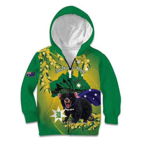 Tasimania Devil Australia Day Kid Hoodie Aussie Aussie Aussie Oi! Oi! Oi! - Green