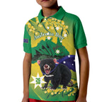 Tasimania Devil Australia Day Kid Polo Shirt Aussie Aussie Aussie Oi! Oi! Oi! - Green