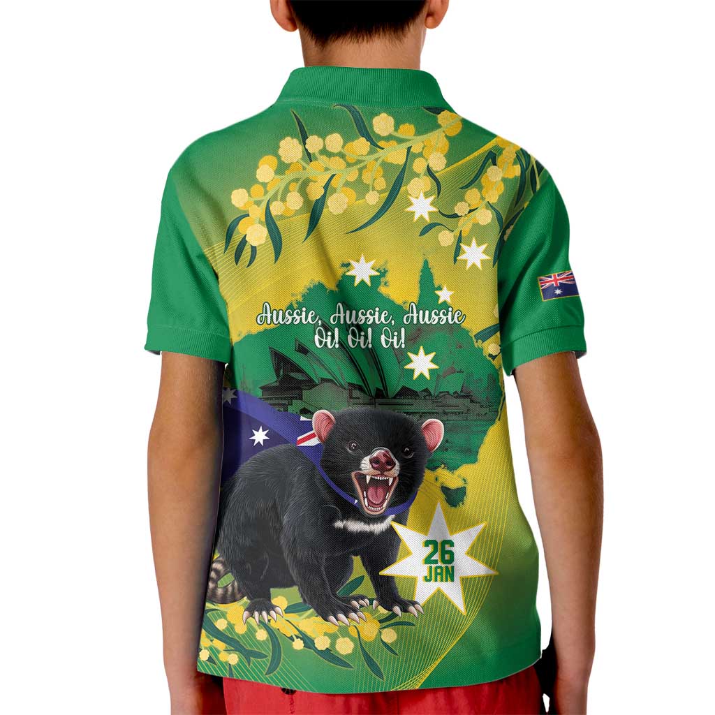 Tasimania Devil Australia Day Kid Polo Shirt Aussie Aussie Aussie Oi! Oi! Oi! - Green