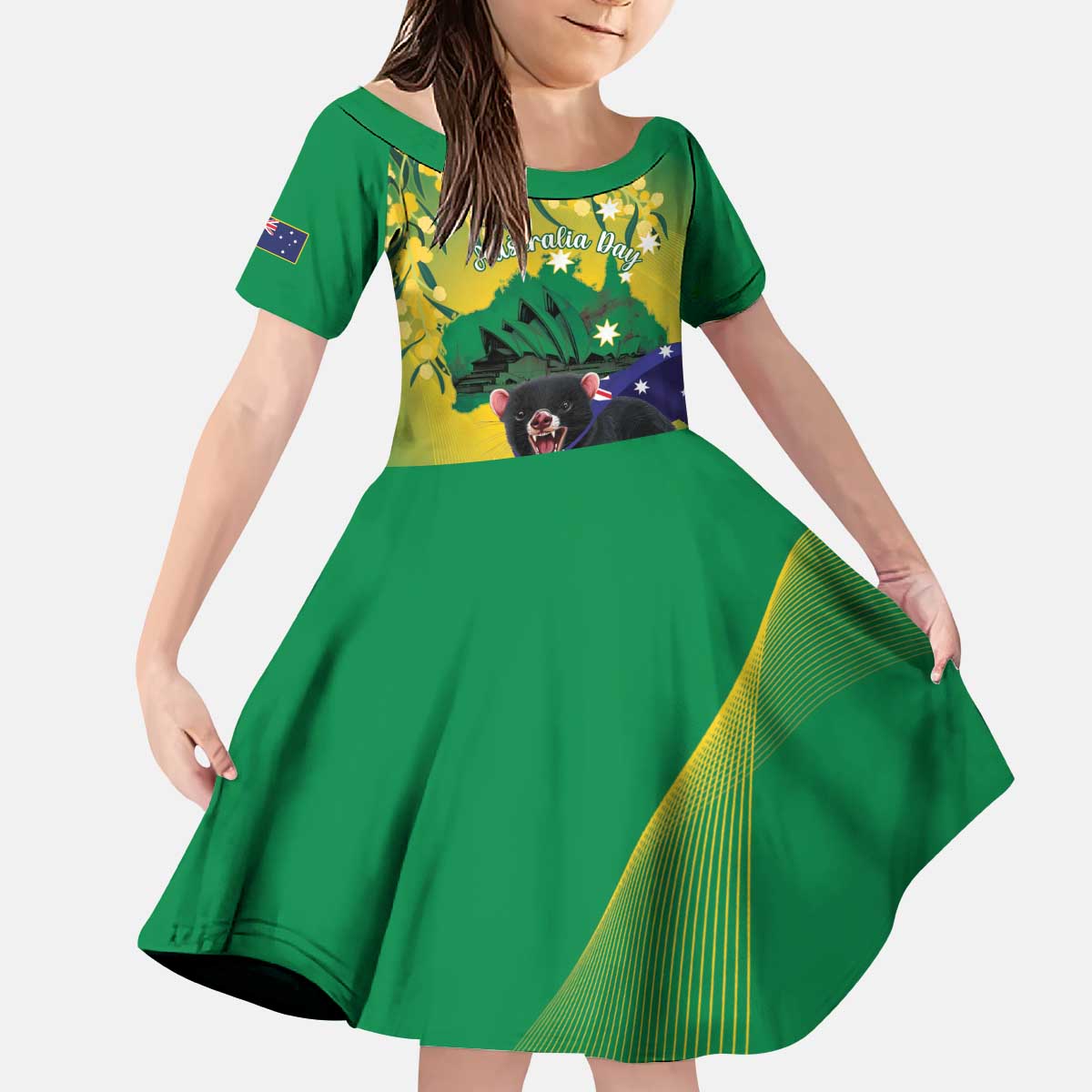 Tasimania Devil Australia Day Kid Short Sleeve Dress Aussie Aussie Aussie Oi! Oi! Oi! - Green