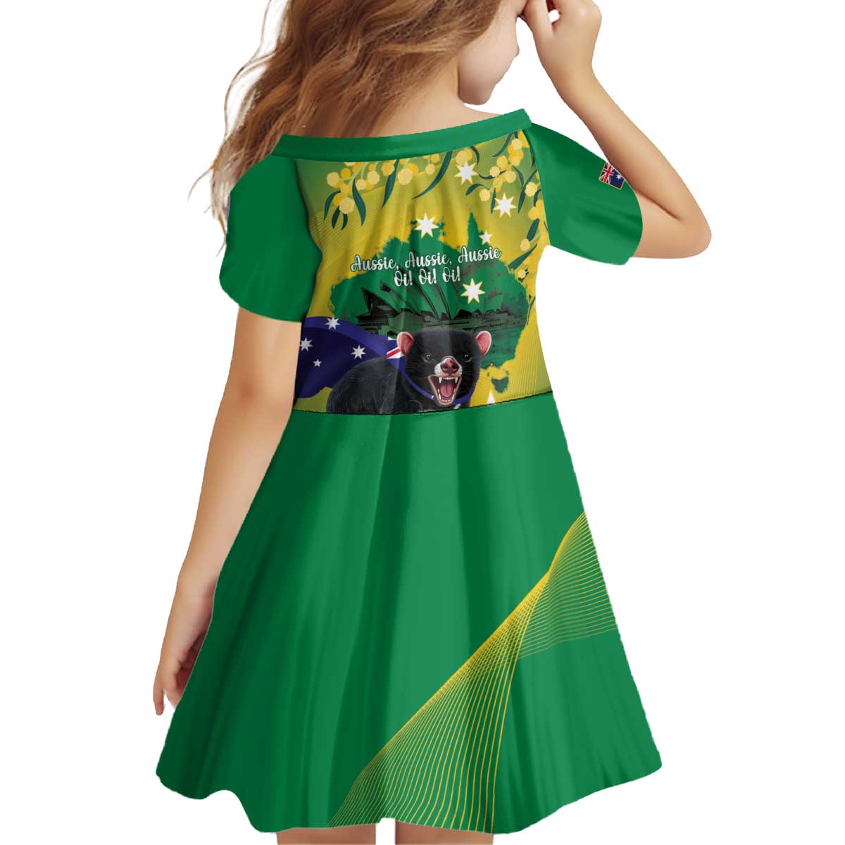 Tasimania Devil Australia Day Kid Short Sleeve Dress Aussie Aussie Aussie Oi! Oi! Oi! - Green