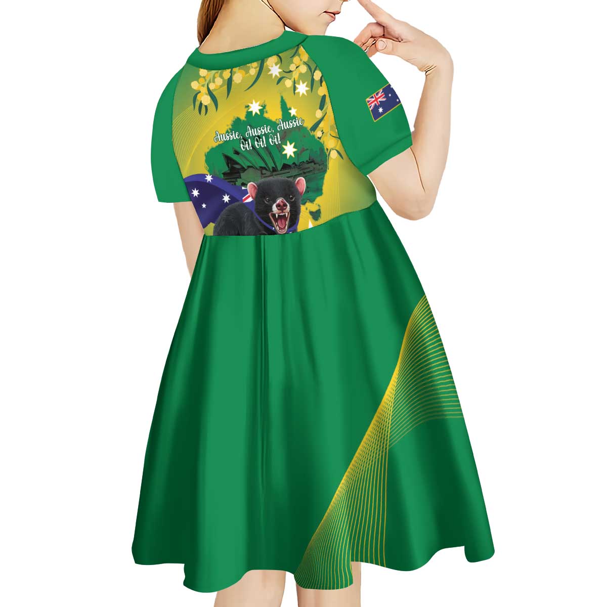 Tasimania Devil Australia Day Kid Short Sleeve Dress Aussie Aussie Aussie Oi! Oi! Oi! - Green