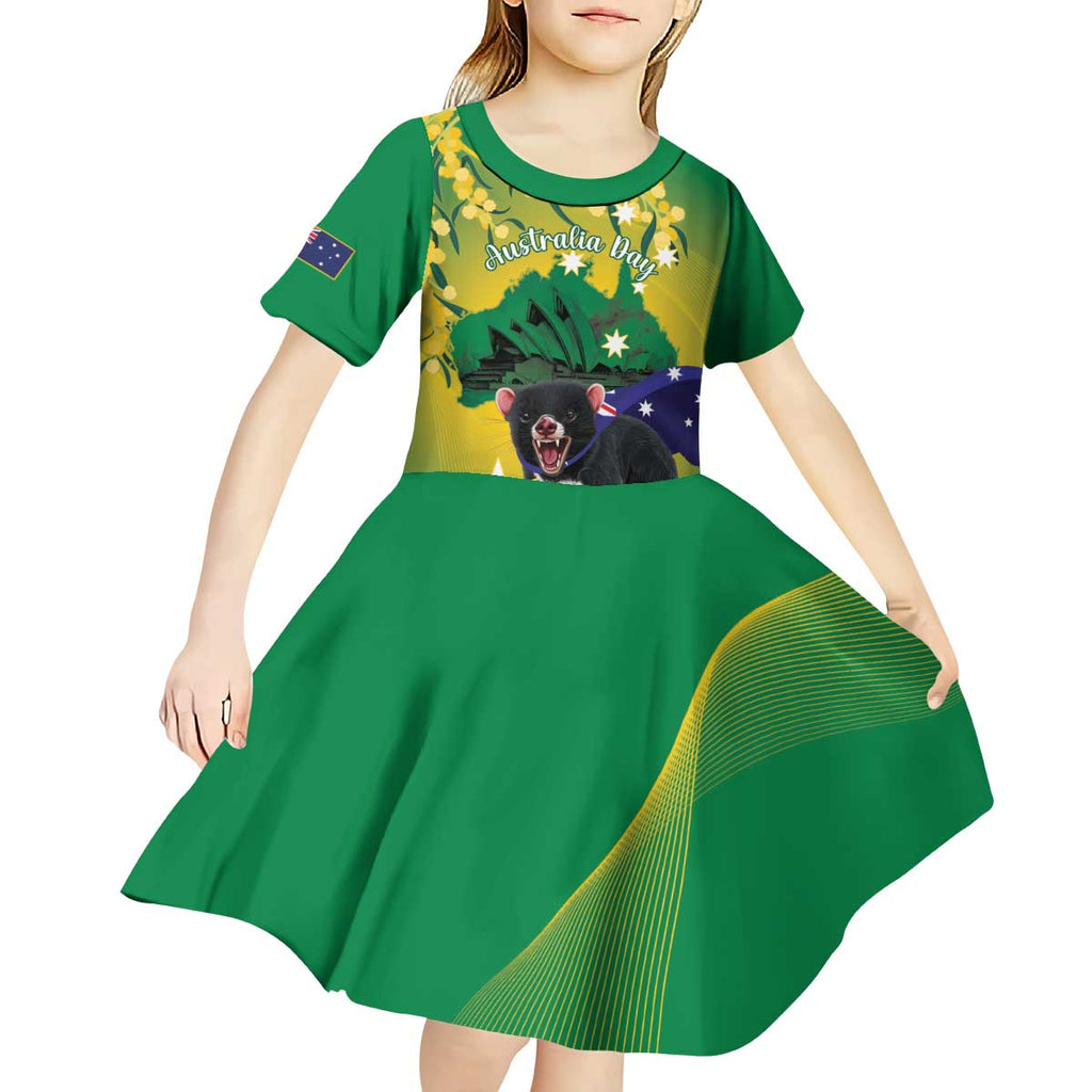 Tasimania Devil Australia Day Kid Short Sleeve Dress Aussie Aussie Aussie Oi! Oi! Oi! - Green