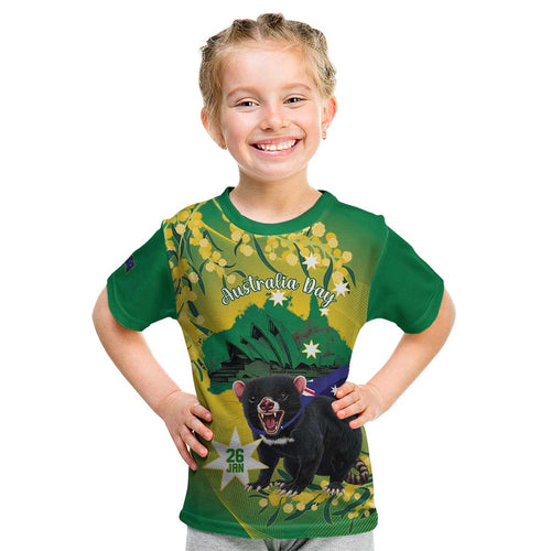 Tasimania Devil Australia Day Kid T Shirt Aussie Aussie Aussie Oi! Oi! Oi! - Green