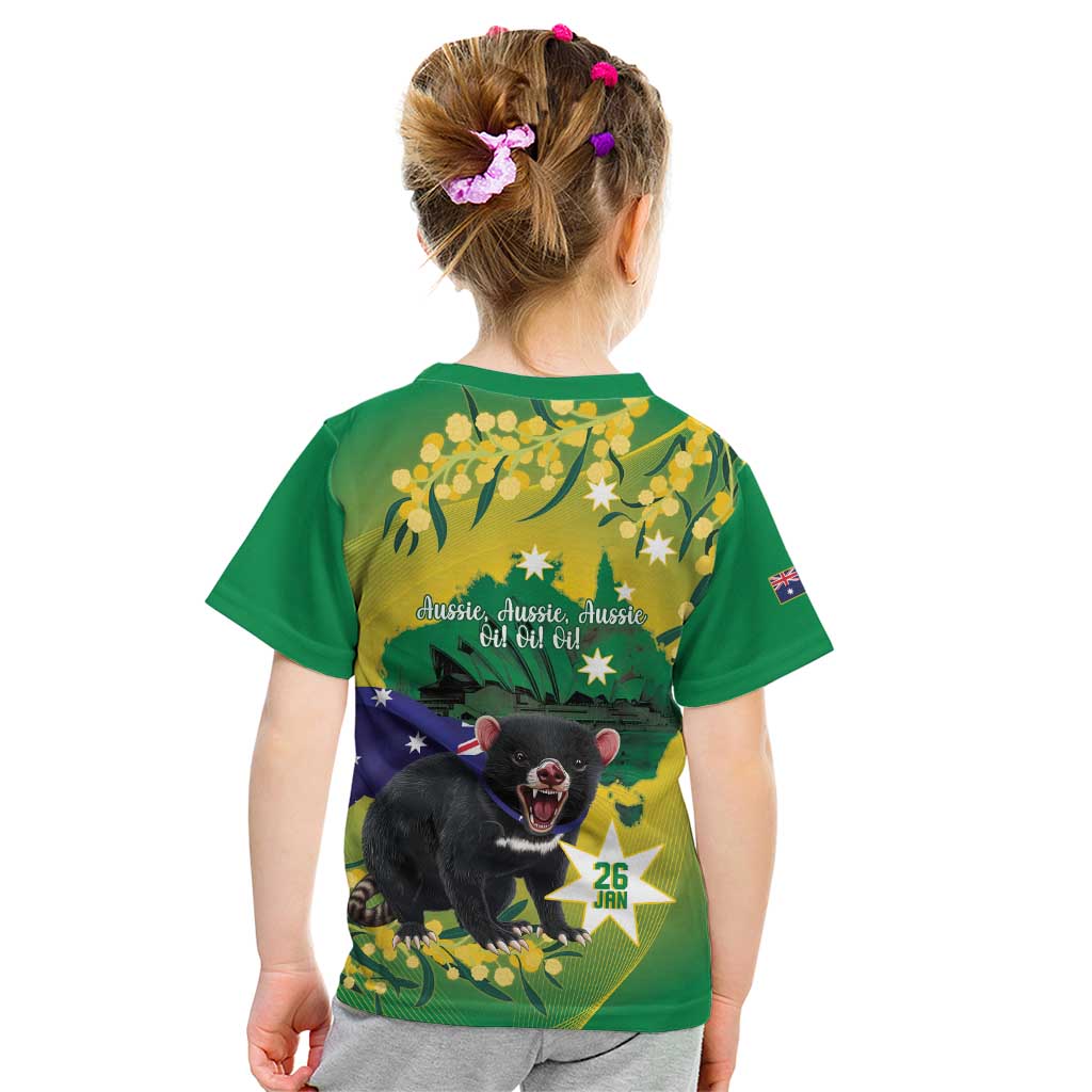 Tasimania Devil Australia Day Kid T Shirt Aussie Aussie Aussie Oi! Oi! Oi! - Green
