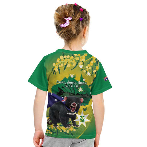 Tasimania Devil Australia Day Kid T Shirt Aussie Aussie Aussie Oi! Oi! Oi! - Green