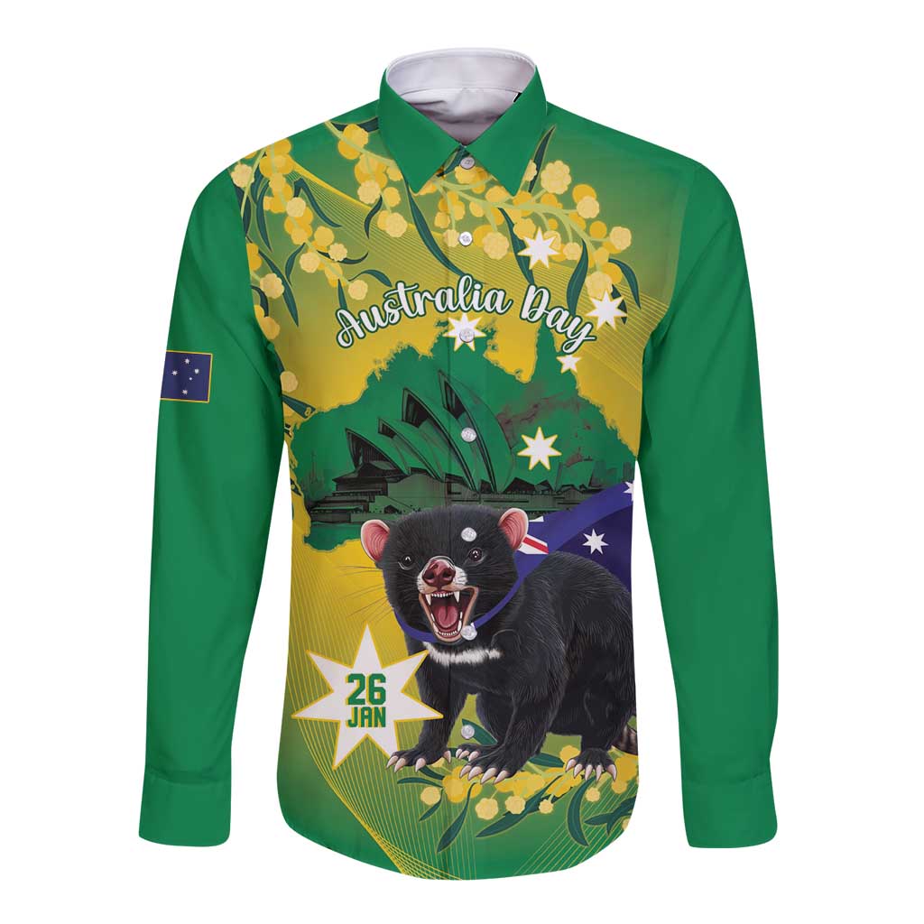 Tasimania Devil Australia Day Long Sleeve Button Shirt Aussie Aussie Aussie Oi! Oi! Oi! - Green
