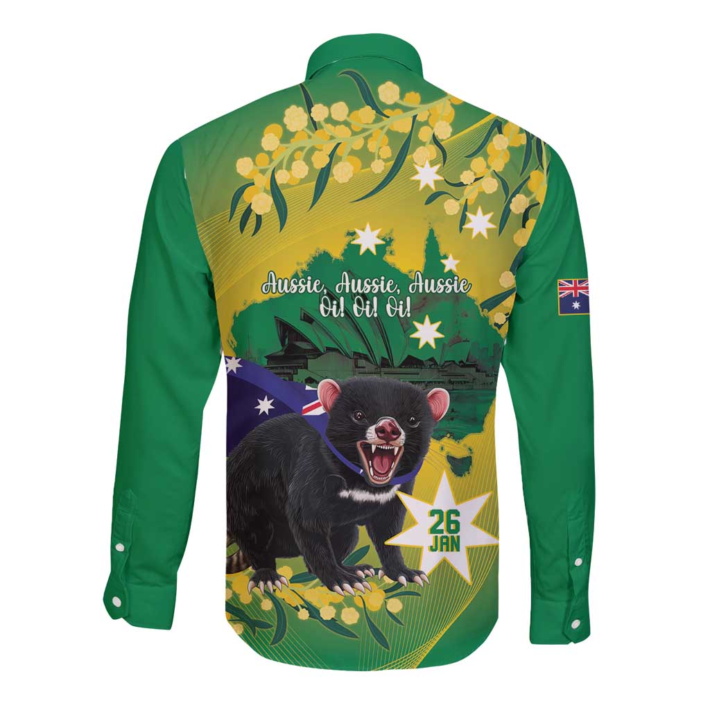 Tasimania Devil Australia Day Long Sleeve Button Shirt Aussie Aussie Aussie Oi! Oi! Oi! - Green