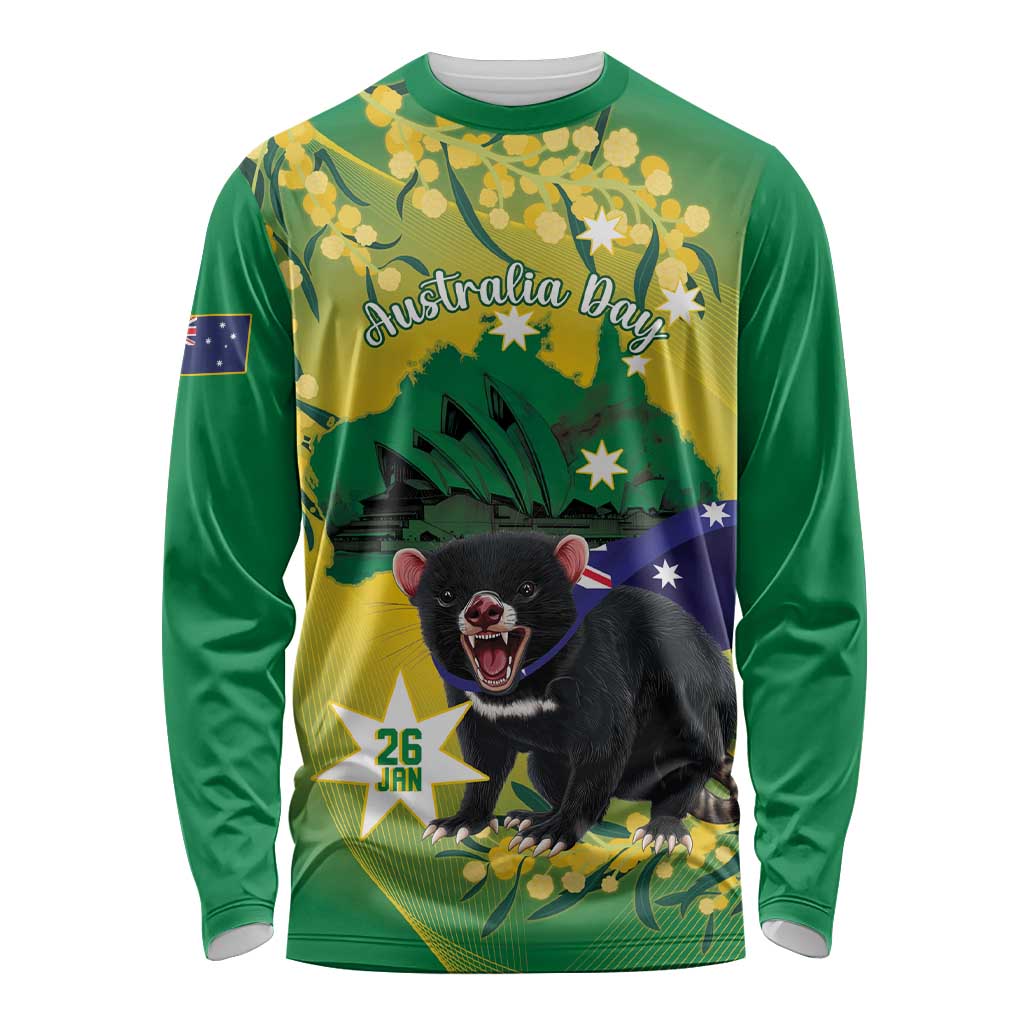 Tasimania Devil Australia Day Long Sleeve Shirt Aussie Aussie Aussie Oi! Oi! Oi! - Green