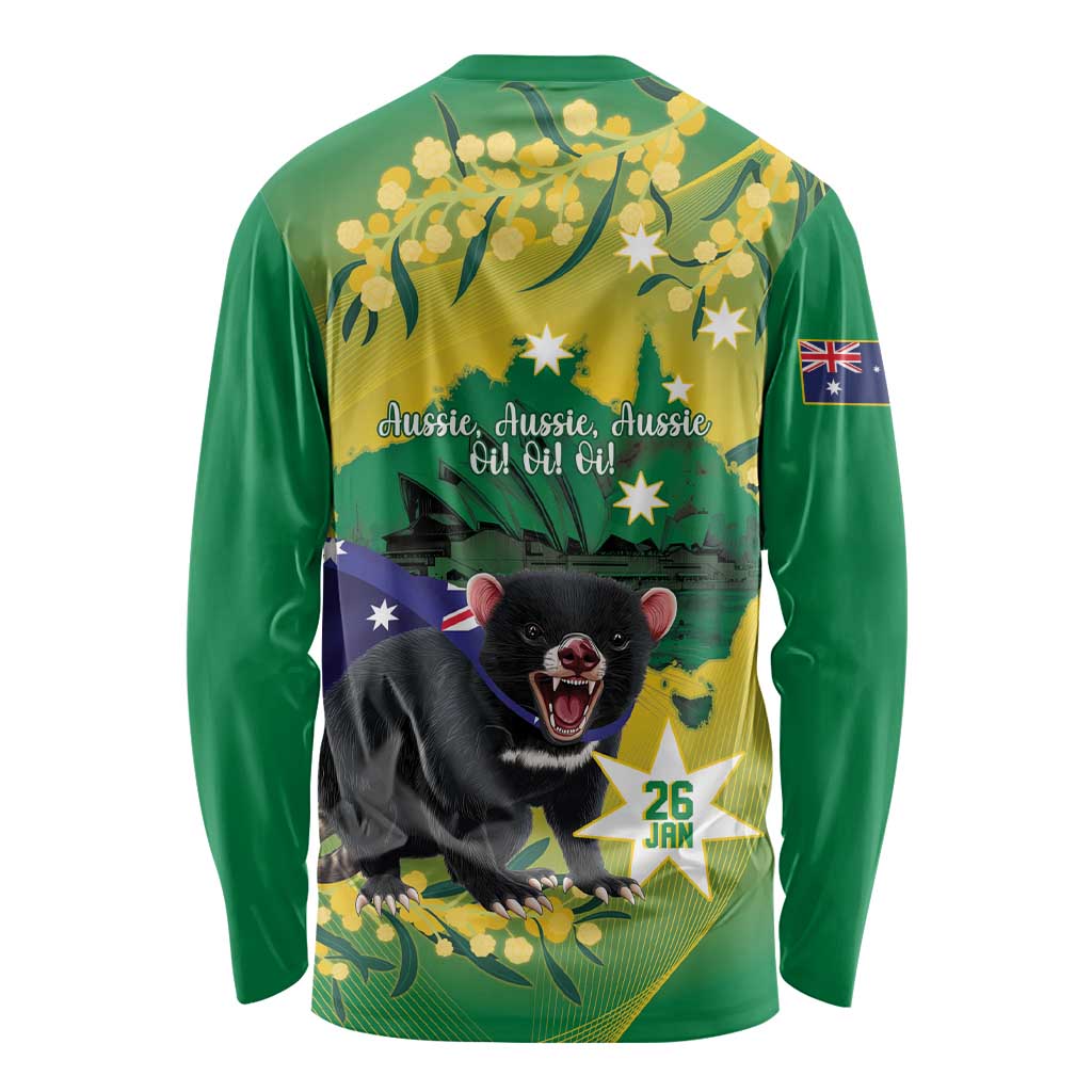 Tasimania Devil Australia Day Long Sleeve Shirt Aussie Aussie Aussie Oi! Oi! Oi! - Green