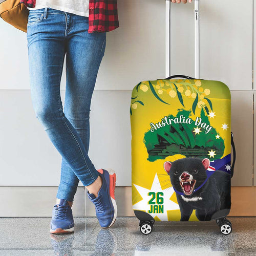 Tasimania Devil Australia Day Luggage Cover Aussie Aussie Aussie Oi! Oi! Oi! - Green