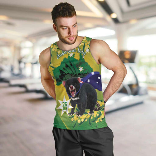 Tasimania Devil Australia Day Men Tank Top Aussie Aussie Aussie Oi! Oi! Oi! - Green