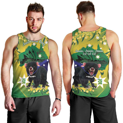 Tasimania Devil Australia Day Men Tank Top Aussie Aussie Aussie Oi! Oi! Oi! - Green