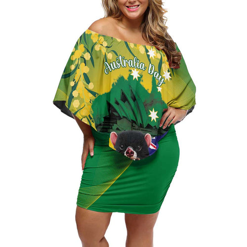 Tasimania Devil Australia Day Off Shoulder Short Dress Aussie Aussie Aussie Oi! Oi! Oi! - Green