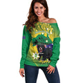 Tasimania Devil Australia Day Off Shoulder Sweater Aussie Aussie Aussie Oi! Oi! Oi! - Green