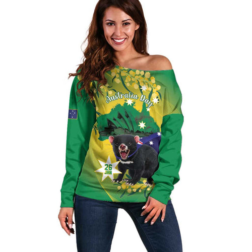 Tasimania Devil Australia Day Off Shoulder Sweater Aussie Aussie Aussie Oi! Oi! Oi! - Green