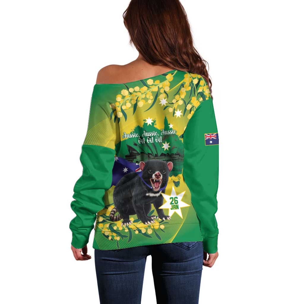 Tasimania Devil Australia Day Off Shoulder Sweater Aussie Aussie Aussie Oi! Oi! Oi! - Green