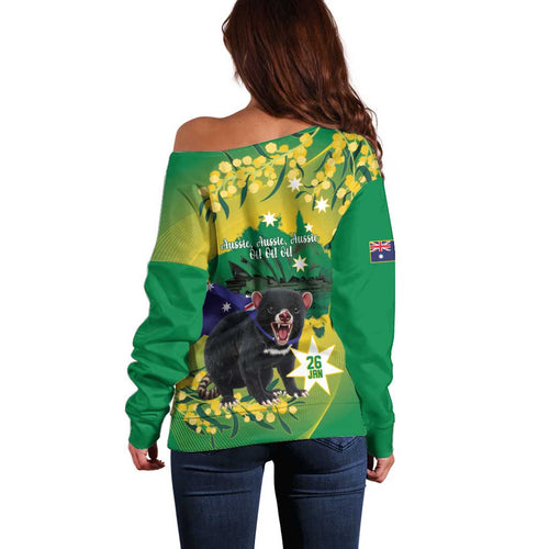 Tasimania Devil Australia Day Off Shoulder Sweater Aussie Aussie Aussie Oi! Oi! Oi! - Green