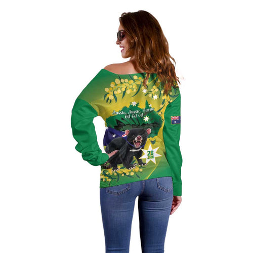 Tasimania Devil Australia Day Off Shoulder Sweater Aussie Aussie Aussie Oi! Oi! Oi! - Green
