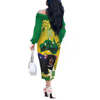 Tasimania Devil Australia Day Off The Shoulder Long Sleeve Dress Aussie Aussie Aussie Oi! Oi! Oi! - Green