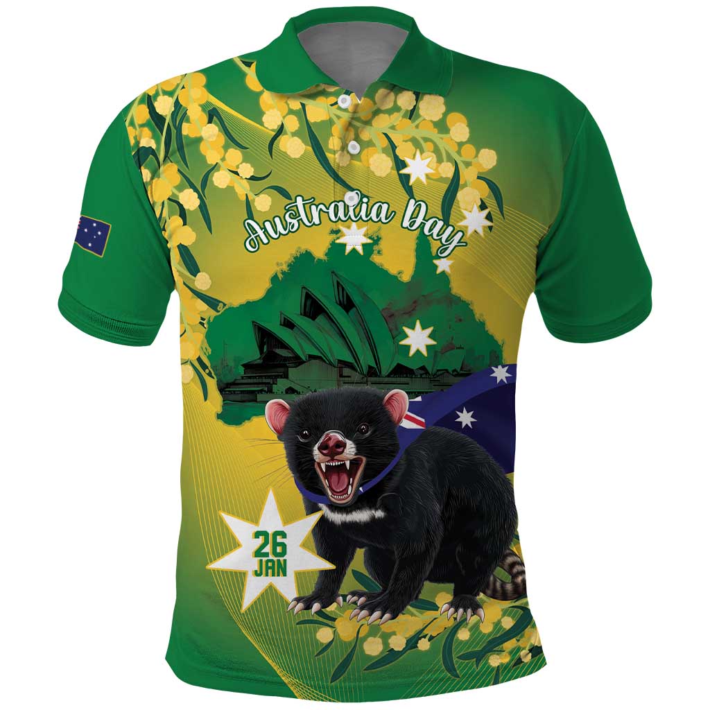 Tasimania Devil Australia Day Polo Shirt Aussie Aussie Aussie Oi! Oi! Oi! - Green