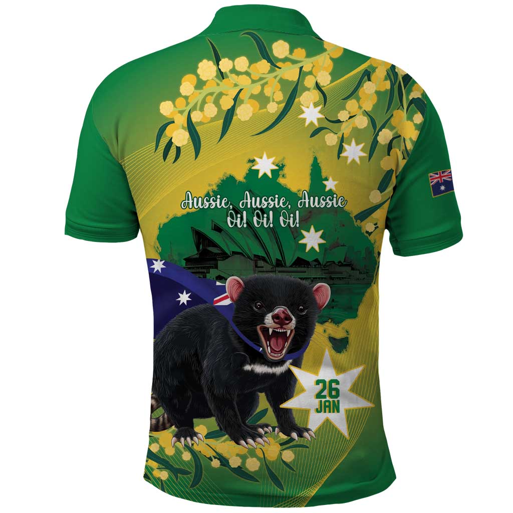 Tasimania Devil Australia Day Polo Shirt Aussie Aussie Aussie Oi! Oi! Oi! - Green