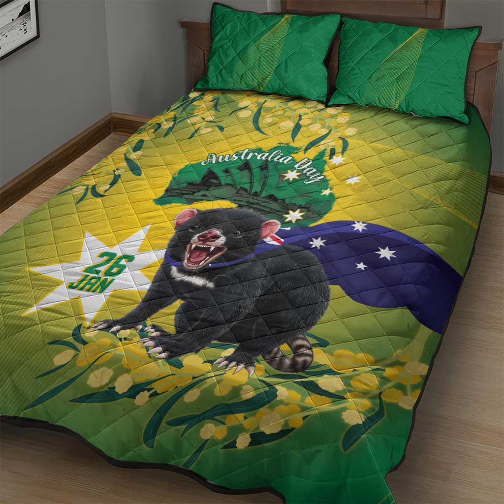 Tasimania Devil Australia Day Quilt Bed Set Aussie Aussie Aussie Oi! Oi! Oi! - Green