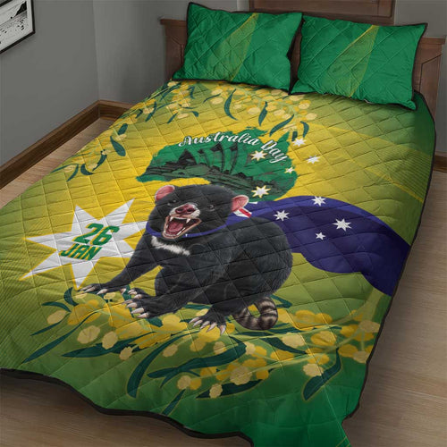 Tasimania Devil Australia Day Quilt Bed Set Aussie Aussie Aussie Oi! Oi! Oi! - Green