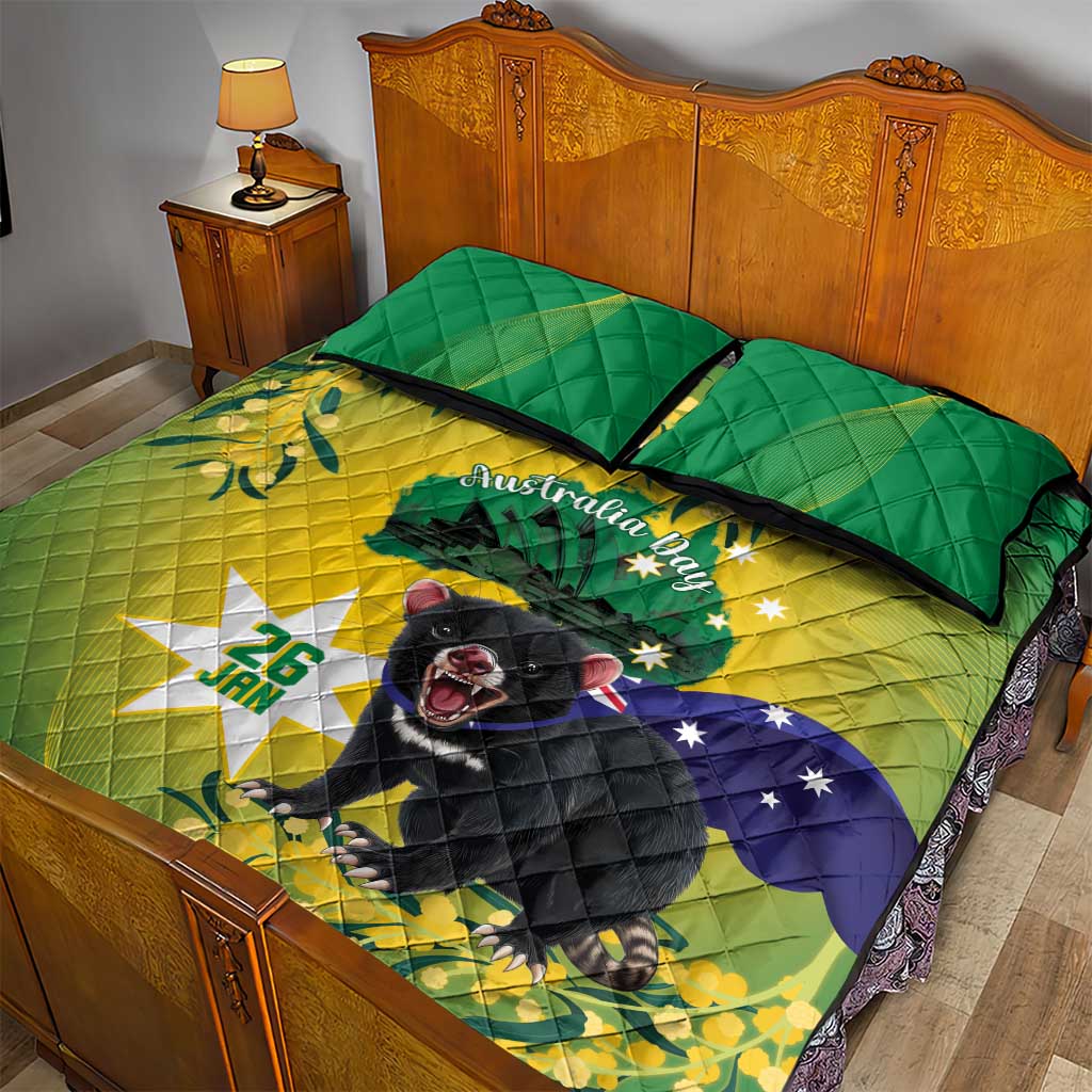 Tasimania Devil Australia Day Quilt Bed Set Aussie Aussie Aussie Oi! Oi! Oi! - Green