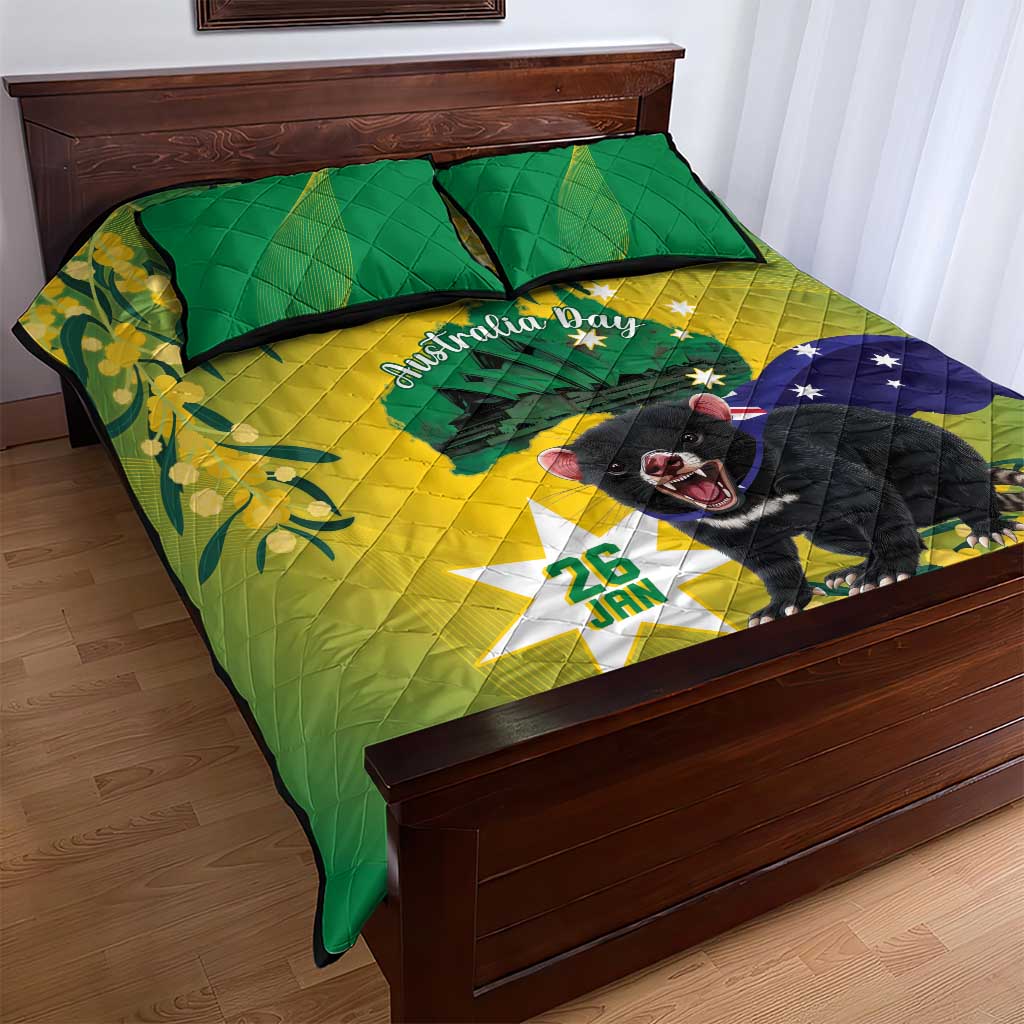 Tasimania Devil Australia Day Quilt Bed Set Aussie Aussie Aussie Oi! Oi! Oi! - Green