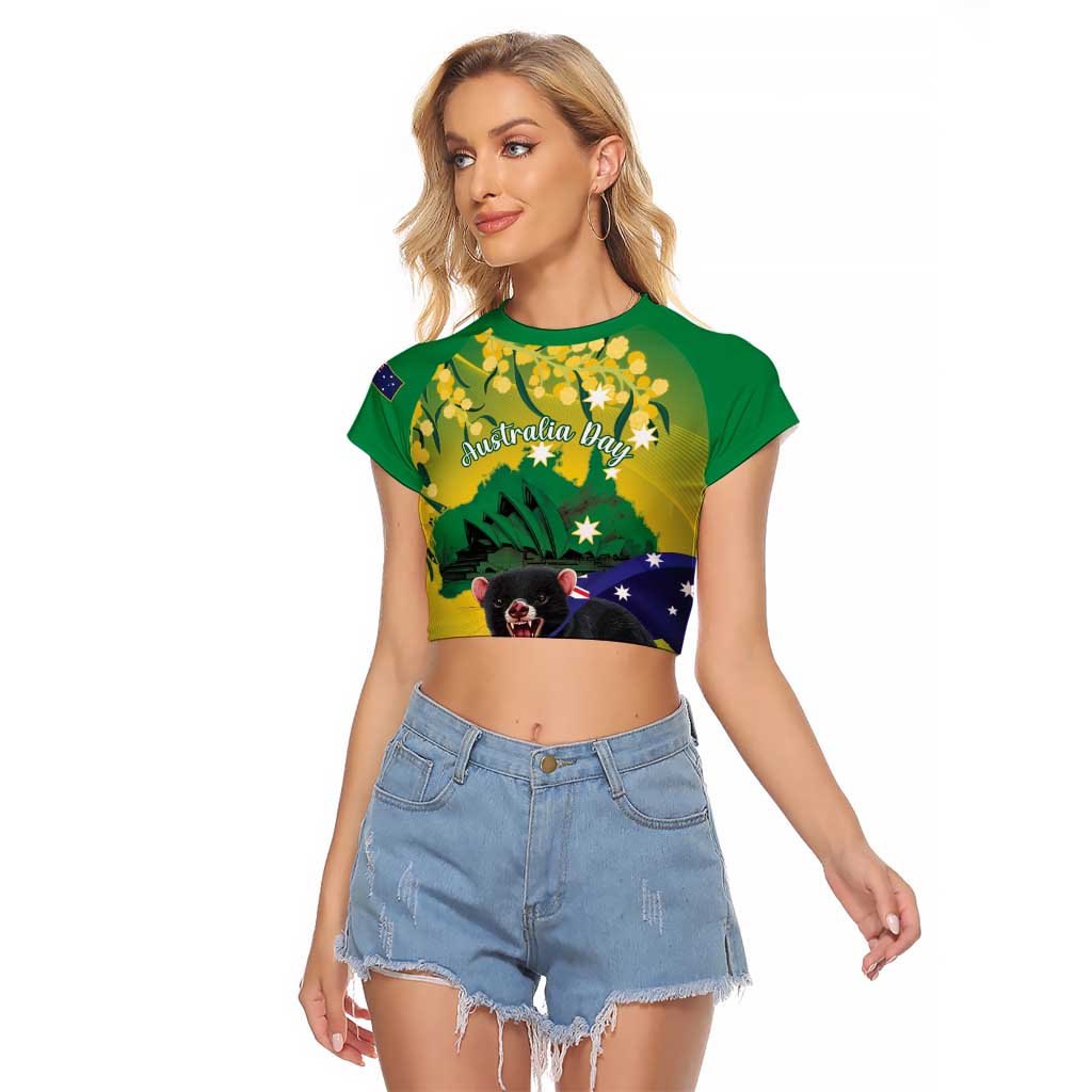 Tasimania Devil Australia Day Raglan Cropped T Shirt Aussie Aussie Aussie Oi! Oi! Oi! - Green
