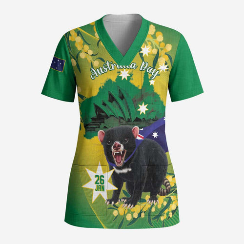 Tasimania Devil Australia Day Scrub Top Aussie Aussie Aussie Oi! Oi! Oi! - Green - Aussie Hoodie