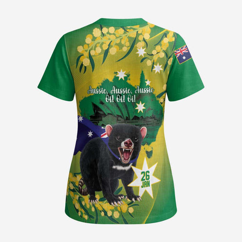 Tasimania Devil Australia Day Scrub Top Aussie Aussie Aussie Oi! Oi! Oi! - Green - Aussie Hoodie