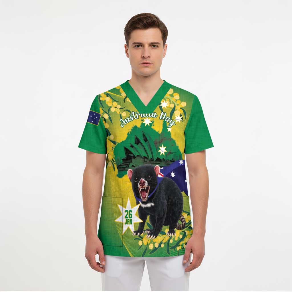 Tasimania Devil Australia Day Scrub Top Aussie Aussie Aussie Oi! Oi! Oi! - Green - Aussie Hoodie