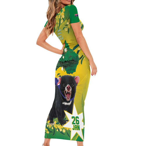 Tasimania Devil Australia Day Short Sleeve Bodycon Dress Aussie Aussie Aussie Oi! Oi! Oi! - Green