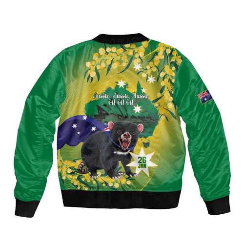 Tasimania Devil Australia Day Sleeve Zip Bomber Jacket Aussie Aussie Aussie Oi! Oi! Oi! - Green