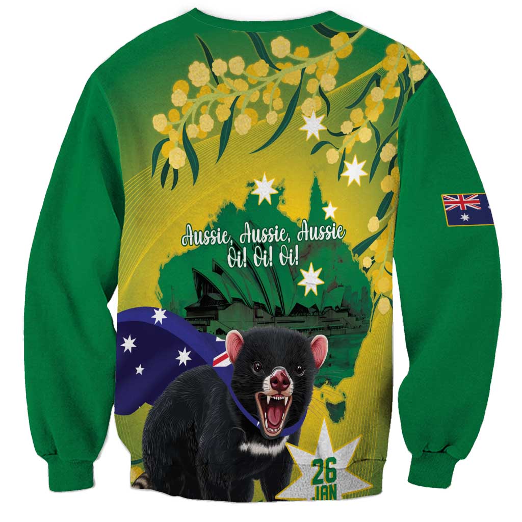 Tasimania Devil Australia Day Sweatshirt Aussie Aussie Aussie Oi! Oi! Oi! - Green