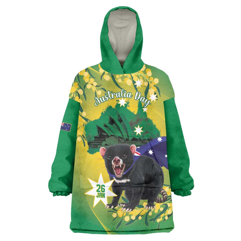 Tasimania Devil Australia Day Wearable Blanket Hoodie Aussie Aussie Aussie Oi! Oi! Oi! - Green