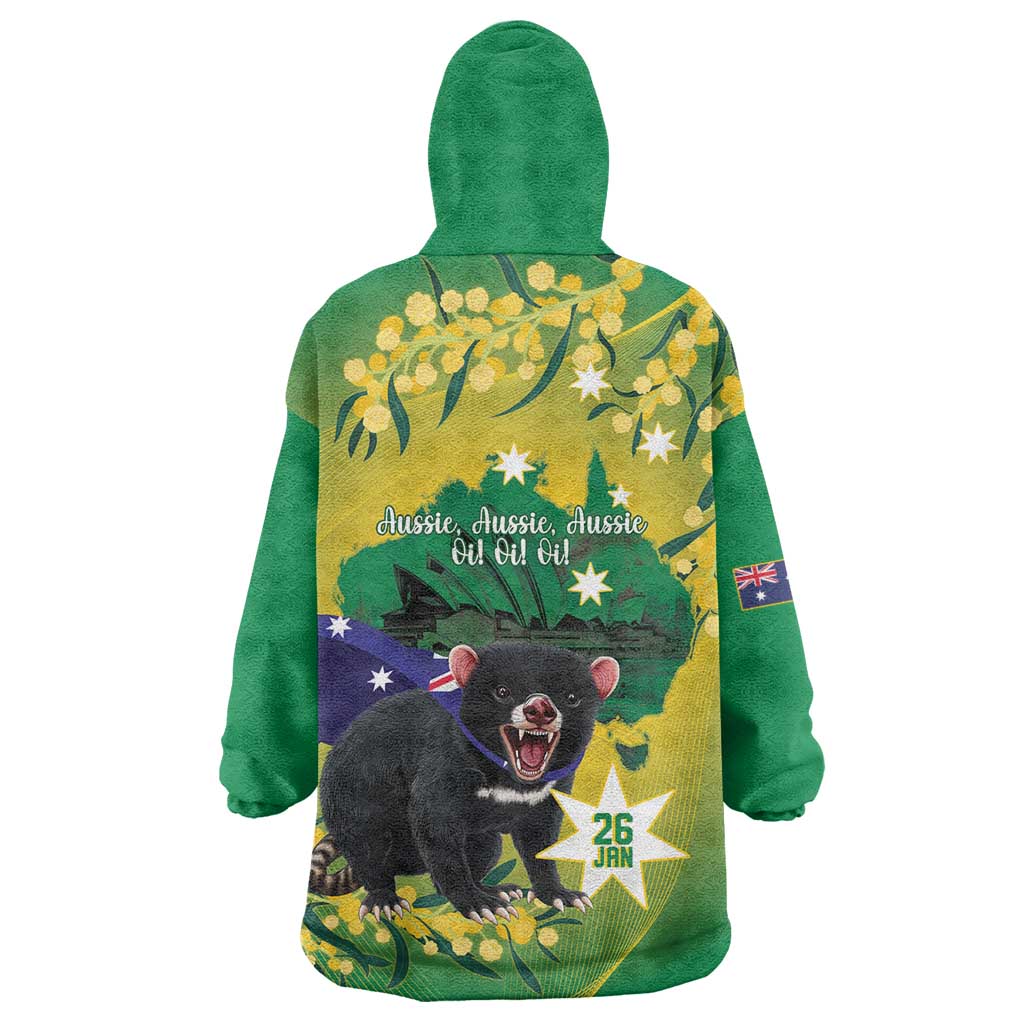 Tasimania Devil Australia Day Wearable Blanket Hoodie Aussie Aussie Aussie Oi! Oi! Oi! - Green
