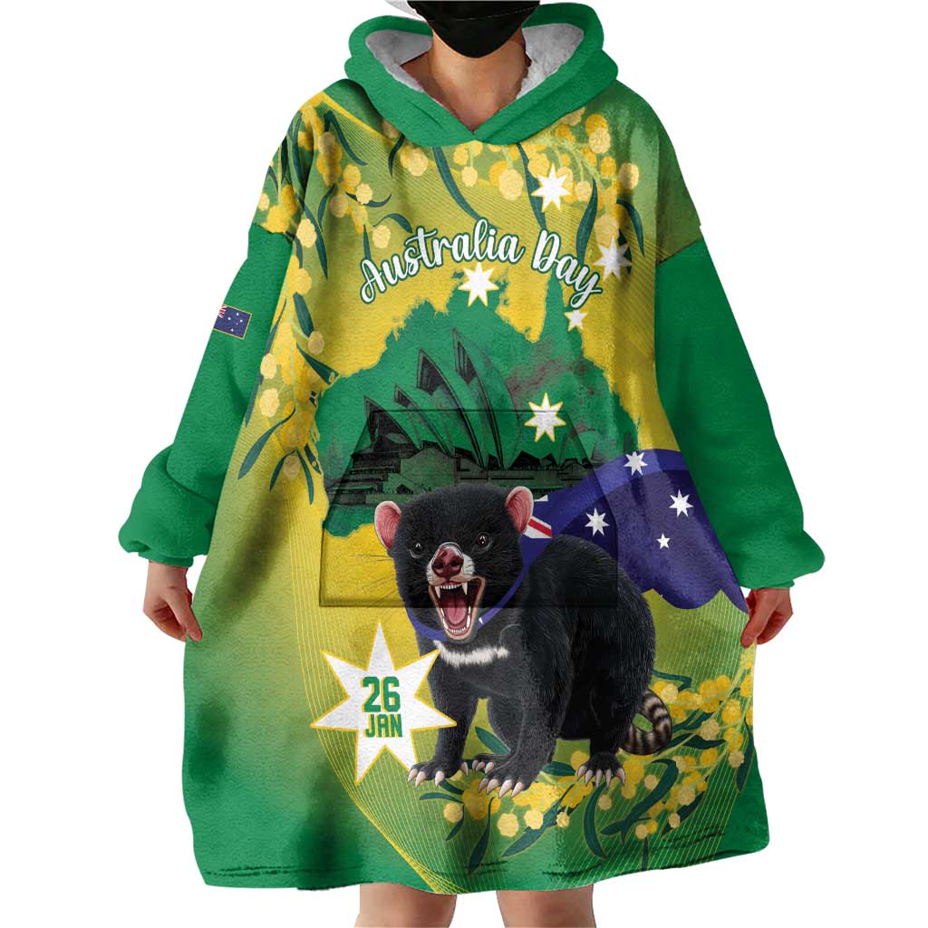 Tasimania Devil Australia Day Wearable Blanket Hoodie Aussie Aussie Aussie Oi! Oi! Oi! - Green