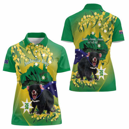 Tasimania Devil Australia Day Women Polo Shirt Aussie Aussie Aussie Oi! Oi! Oi! - Green