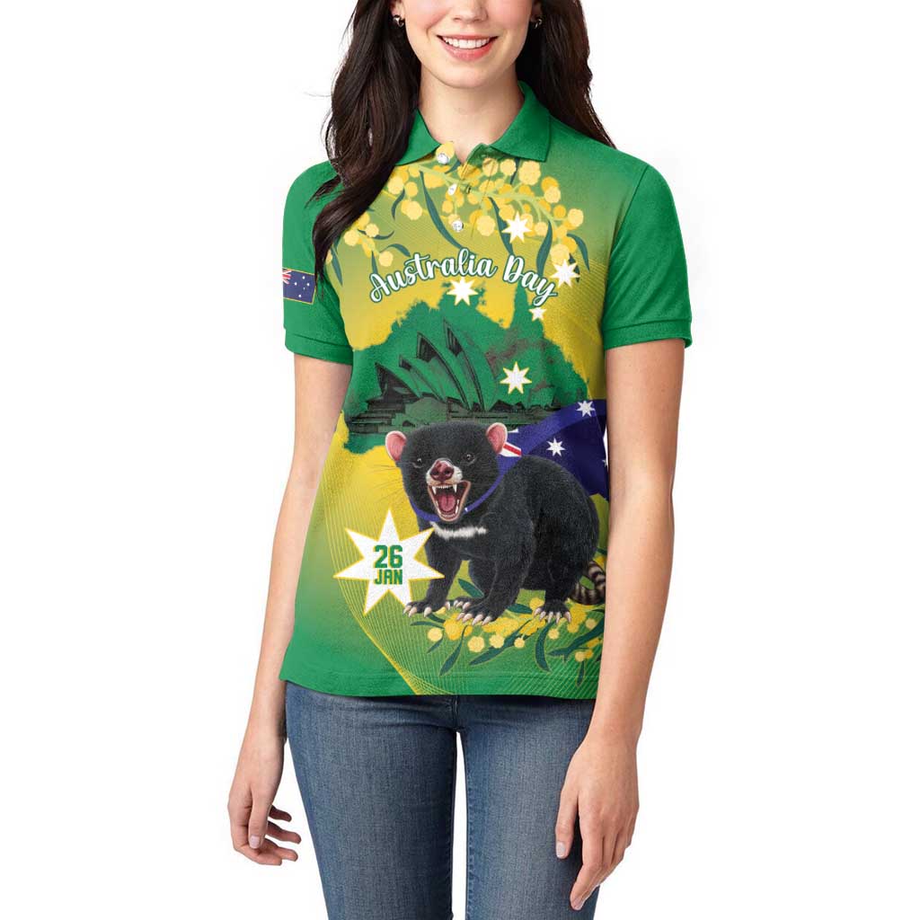 Tasimania Devil Australia Day Women Polo Shirt Aussie Aussie Aussie Oi! Oi! Oi! - Green