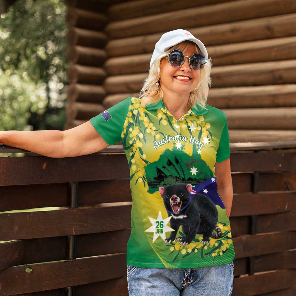 Tasimania Devil Australia Day Women Polo Shirt Aussie Aussie Aussie Oi! Oi! Oi! - Green