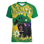 Tasimania Devil Australia Day Women V-Neck T-Shirt Aussie Aussie Aussie Oi! Oi! Oi! - Green