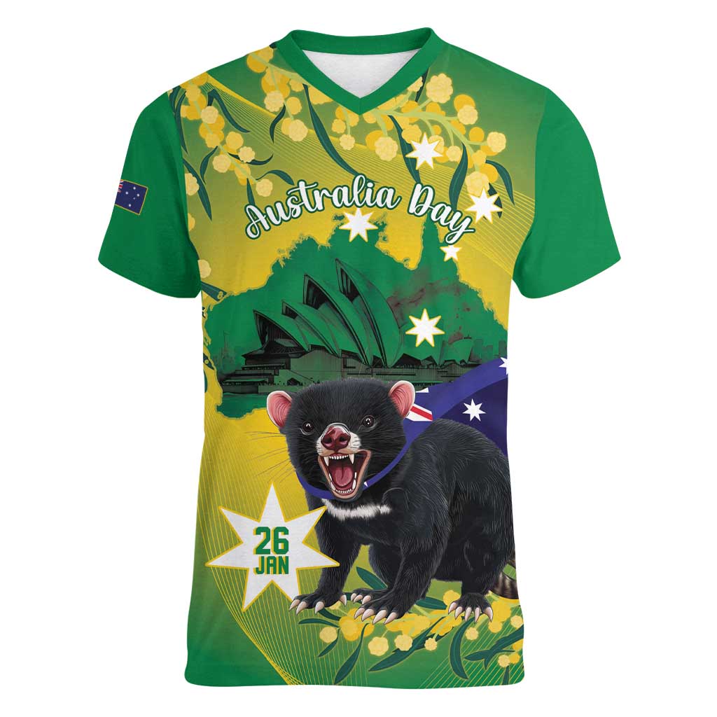 Tasimania Devil Australia Day Women V-Neck T-Shirt Aussie Aussie Aussie Oi! Oi! Oi! - Green