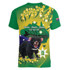 Tasimania Devil Australia Day Women V-Neck T-Shirt Aussie Aussie Aussie Oi! Oi! Oi! - Green